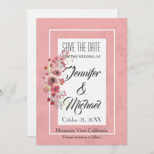 Save The Date Enregistrer la date Mariage Fleurs roses Elégante  (Devant / Derrière)