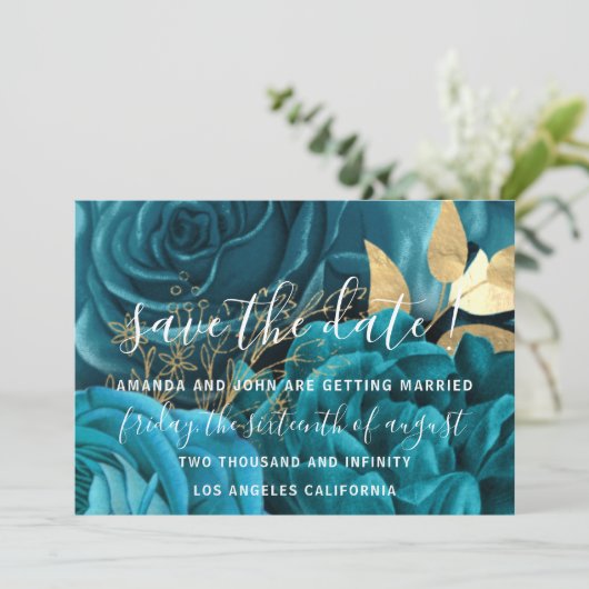 Save The Date Enregistrer La Date Mariage Mariée Floral Gold Blu (Debout devant)
