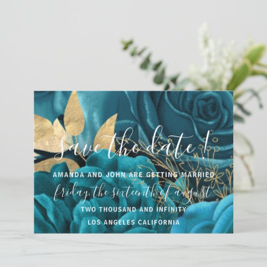 Save The Date Enregistrer La Date Mariage Mariée Floral Gold Blu (Debout devant)