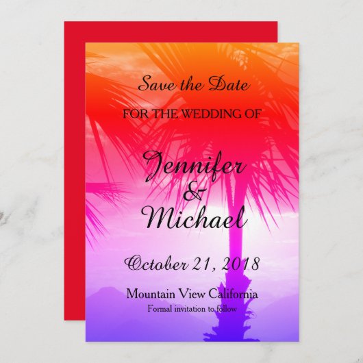 Save The Date Enregistrer la date Mariage Palm Tree Sunset Beach (Devant / Derrière)