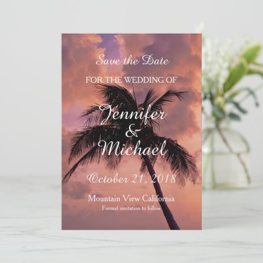 Save The Date Enregistrer la date Mariage Palm Tree Sunset Beach (Debout devant)