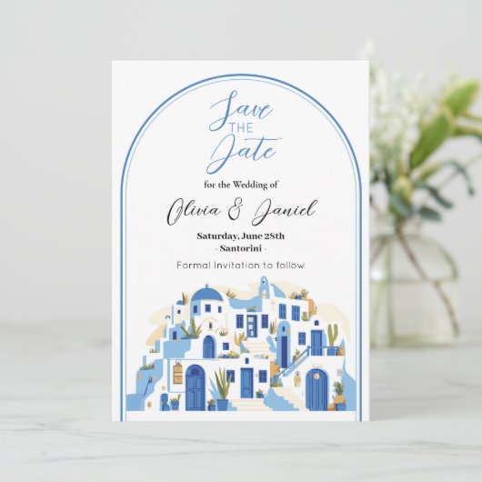 Save The Date Enregistrer la date mariage Santorin Grèce Bleu Bl (Debout devant)