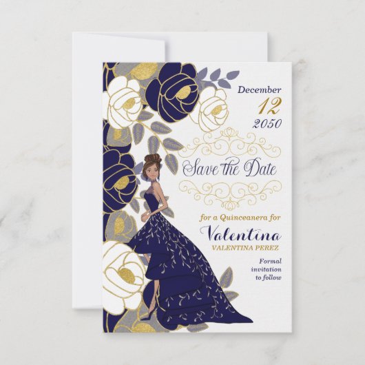 Save The Date Enregistrer la date Marine bleu Quinceanera Floral (Devant)