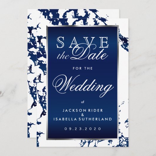 Save The Date Enregistrer la date Marine Marbre Bleu, Blanc & Ar (Devant / Derrière)