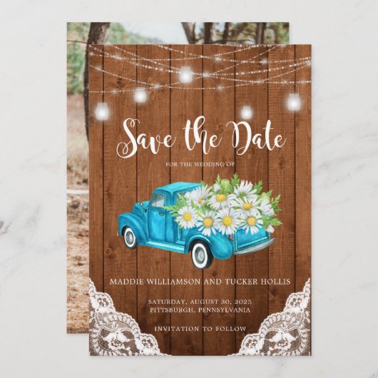Save The Date Enregistrer la date Mason Jar Lights Wood Lace Pho (Devant / Derrière)