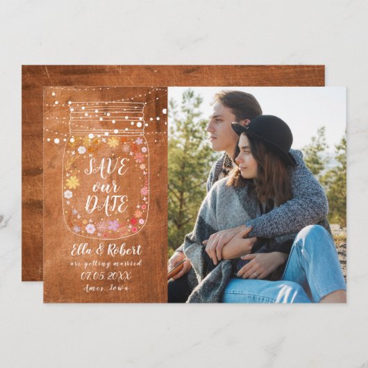 Save The Date Enregistrer la date Mason Jar String Lights Rustic (Devant / Derrière)