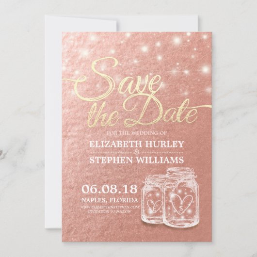 Save The Date Enregistrer La Date Mason Jars & String Lights Ros (Devant)