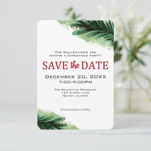 Save The Date Enregistrer la date Noël Pine Aquarelle fête | (Debout devant)