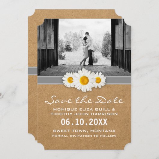 Save The Date Enregistrer la date - Papier rustique et marguerit (Devant / Derrière)