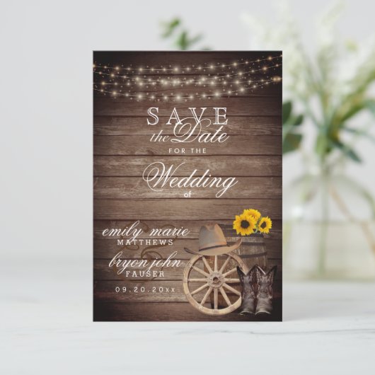 Save The Date Enregistrer la date Pays Baril de bois - Tournesol (Debout devant)