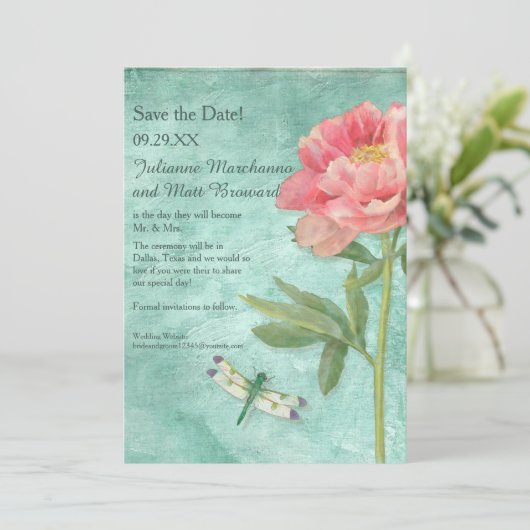 Save The Date Enregistrer la date Pretty Peony Flowers dans Drag (Debout devant)