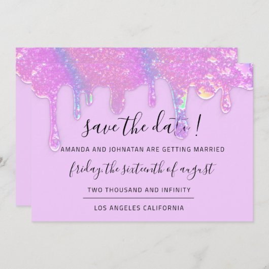 Save The Date Enregistrer La Date Rose Holographique Déchets Vio (Devant / Derrière)