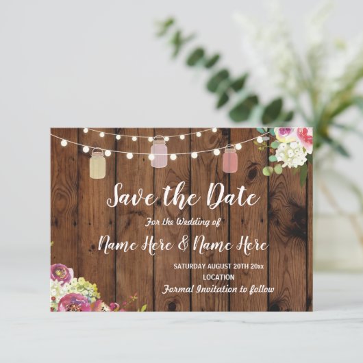 Save The Date Enregistrer La Date Rustic Jar Lights Wood Floral  (Debout devant)