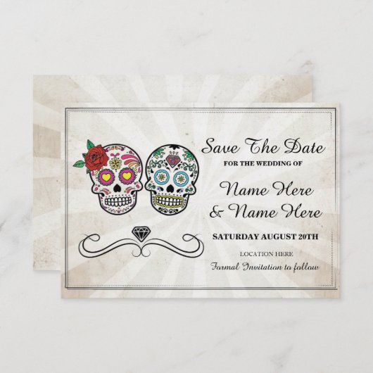 Save The Date Enregistrer la date Rustic Sugar Skulls Card (Devant / Derrière)