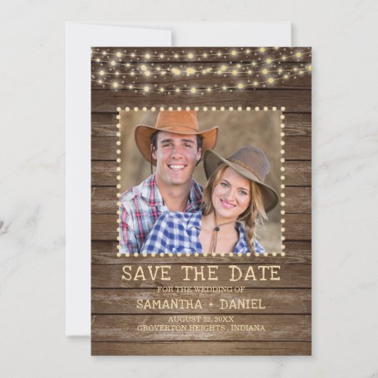 Save The Date Enregistrer la date Rustic Wood String Lights phot (Devant)