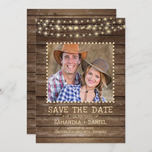 Save The Date Enregistrer la date Rustic Wood String Lights phot (Devant / Derrière)