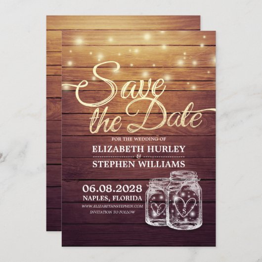Save The Date Enregistrer La Date Rustique Bois Mason Jar Éclair (Devant / Derrière)