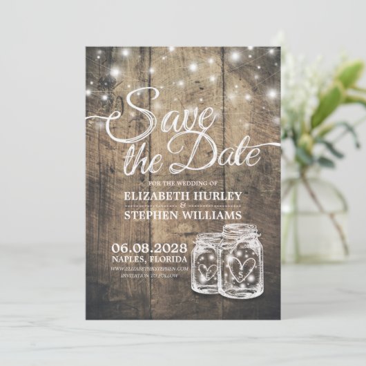 Save The Date Enregistrer La Date Rustique Bois Mason Jar Éclair (Debout devant)