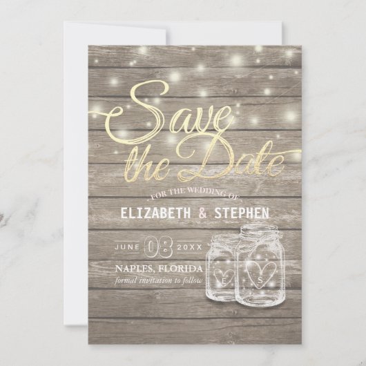 Save The Date Enregistrer La Date Rustique Bois Mason Jar Éclair (Devant)