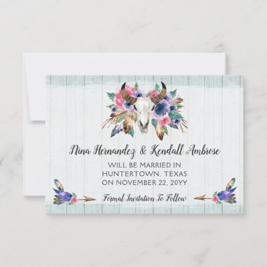 Save The Date Enregistrer La Date Rustique Floral Skull Boho Car (Dos)