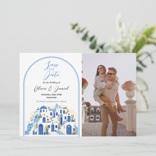 Save The Date Enregistrer La Date Santorin Photo Grèce Bleu Blan (Debout devant)