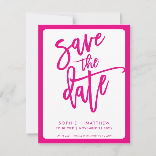 Save The Date ENREGISTRER LA DATE script moderne lettrer fushcia (Devant)