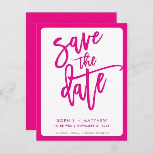 Save The Date ENREGISTRER LA DATE script moderne lettrer fushcia (Devant / Derrière)