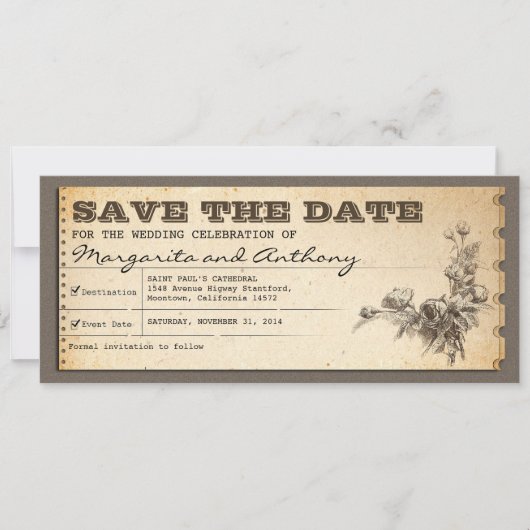 Save The Date enregistrer la date ticket vintage belles invitati (Devant)