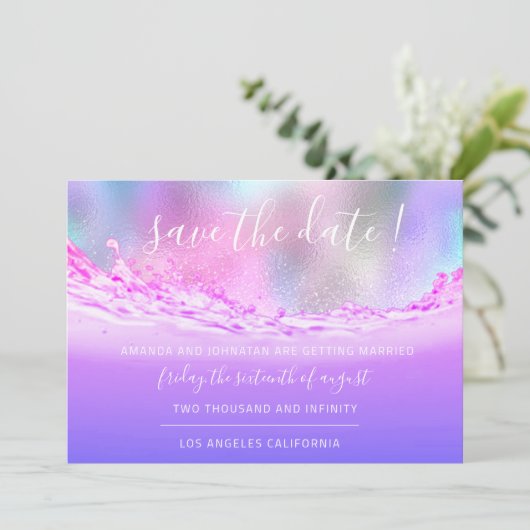 Save The Date Enregistrer La Date Tropical Ocean Purple Pastels (Debout devant)