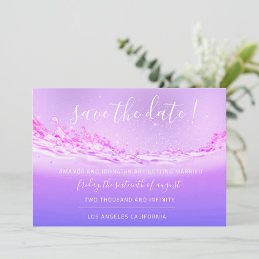Save The Date Enregistrer La Date Tropical Ocean Purple Pink (Debout devant)
