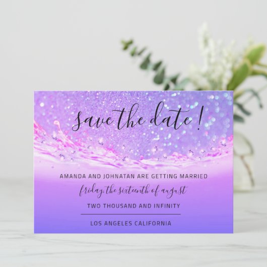 Save The Date Enregistrer La Date Tropical Ocean Rose Waves Purp (Debout devant)