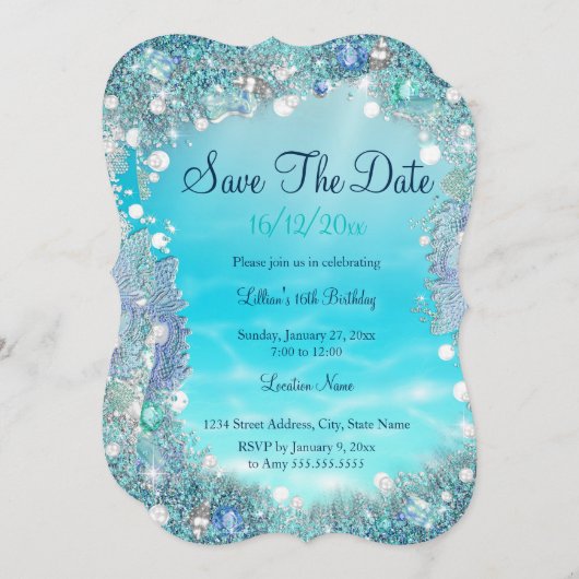 Save The Date Enregistrer La Date Turquoise Blue Water Ocean Pea (Devant / Derrière)