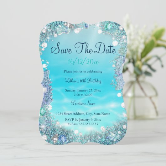 Save The Date Enregistrer La Date Turquoise Blue Water Ocean Pea (Debout devant)