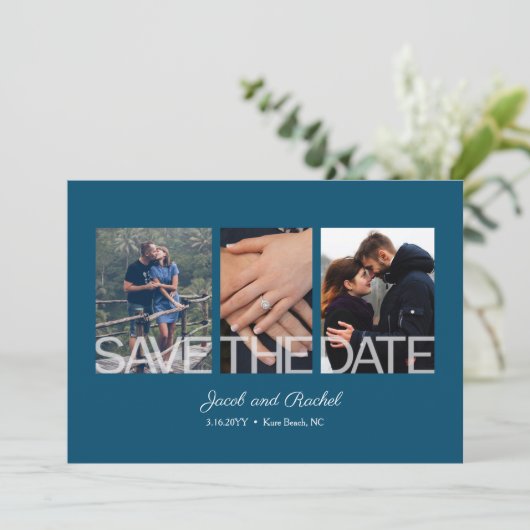 Save The Date Enregistrer le Fiançailles Mariage bleu 3 photos D (Debout devant)