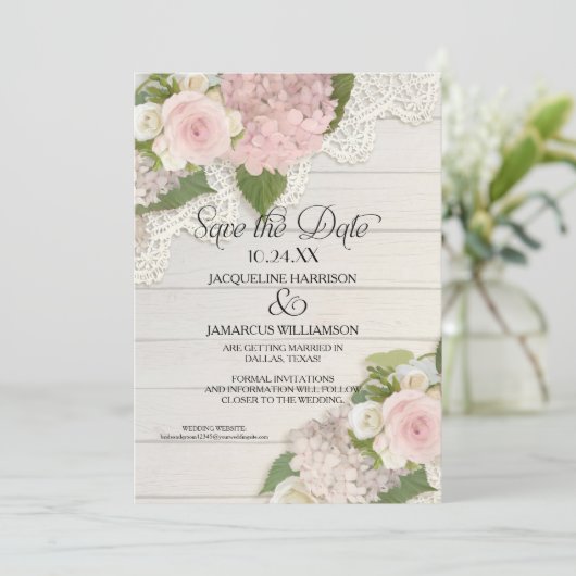 Save The Date Enregistrez la date Photo Dentelle Hydrangea Rose (Debout devant)