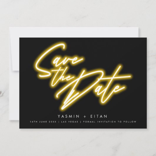 Save The Date Épais Jaune Néo Script Mariage Moderne Noir (Devant)