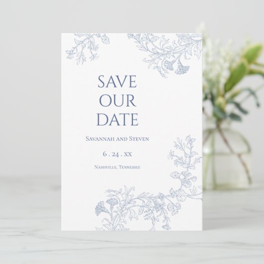 Save The Date Épargnez la date floral bleu clair (Debout devant)