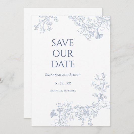Save The Date Épargnez la date floral bleu clair (Devant / Derrière)