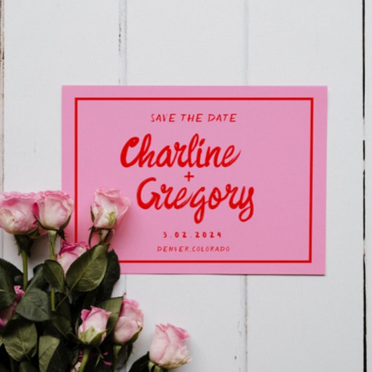 Save The Date Épingle Rose &Rouge Écriture Mariage Enregistrer l