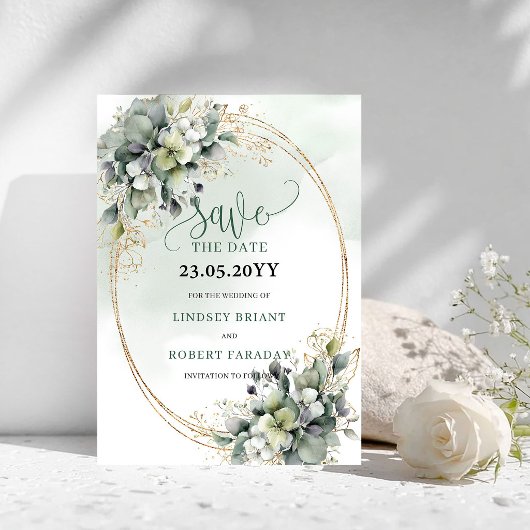 Save The Date Épingle Verte Botanique Dorée Épargnez la Date