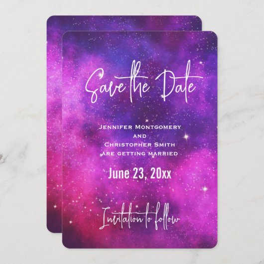 Save The Date Espace rose & violet & Étoiles Faux Galaxy (Devant / Derrière)