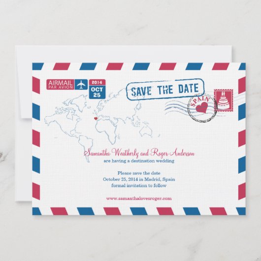 Save The Date Espagne Air Mail Mariage Enregistrer La Date (Devant)