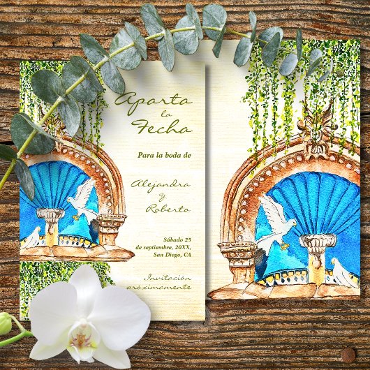 Save The Date Espagnol, aquarelle originale Vieux Mexique Fontai