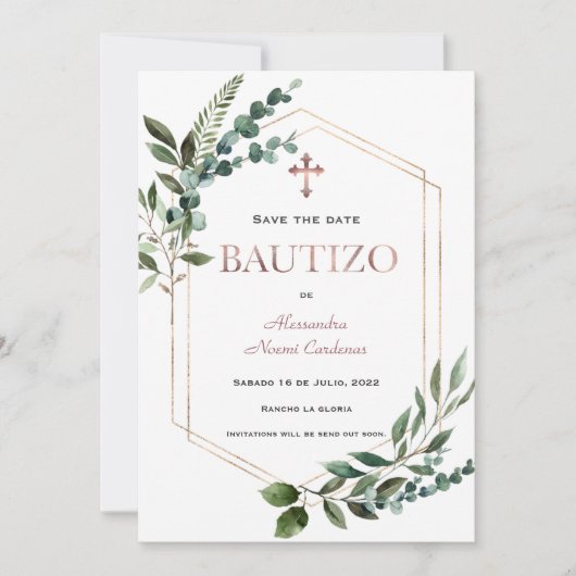 Save The Date Espagnol Bautizo Verdure Rose Or (Devant)