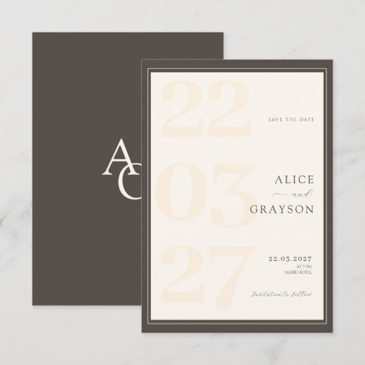 Save The Date Espresso Beige Classic Modern Minimalist Wedding (Devant / Derrière)