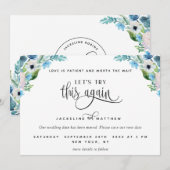 Save The Date Essayons de nouveau, Floral blanc et bleu (Devant / Derrière)