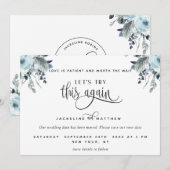 Save The Date Essayons de nouveau, Floral bleu, blanc et gris (Devant / Derrière)