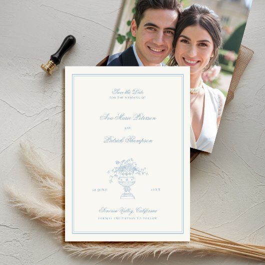 Save The Date Estate Floral Elegant Blue Frame Photo Mariage