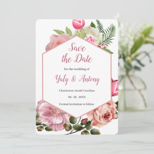 Save The Date Esthétique botanique moderne rose hexagonale (Debout devant)
