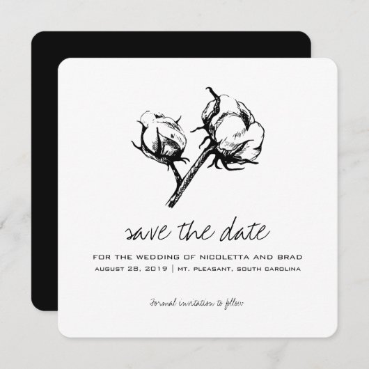 Save The Date Etching Plante en coton | Mariage Enregistrer la d (Devant / Derrière)